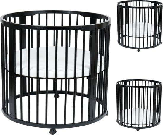 Born Lucky Baby Box Rond 90 cm - In Hoogte Verstelbaar - Met Matras & Wieltjes - Zwart