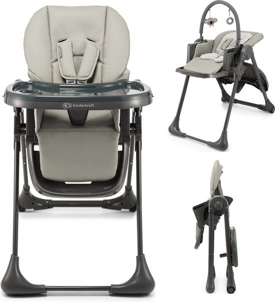 Kinderkraft TUMMIE 2-in-1 Kinderstoel - Voor Pasgeborenen en Oudere Baby’s - Verstelbare Zitting, Voetensteun en Ligpositie met Speelboog - Grijs