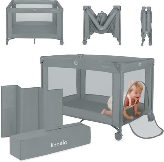 Lionelo Amelie Campingbedje 3in1: Baby bed + Reisbedje + Box – met Comfortabele Matras – Compact en Licht – Zij-ingang – Reistas – 70x100 cm