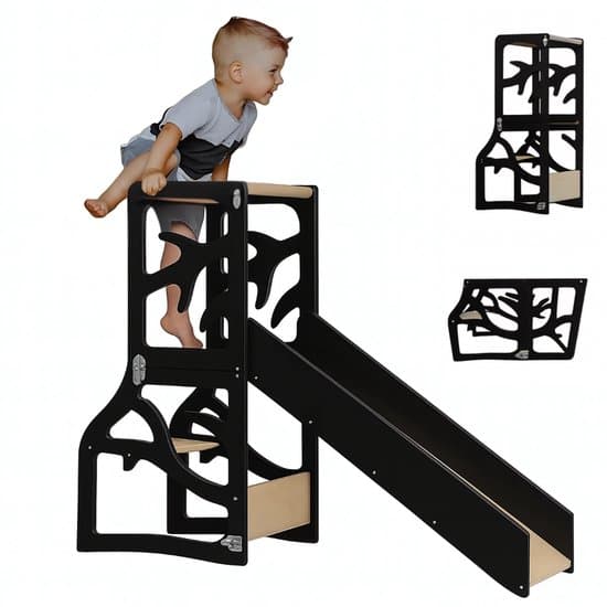 Zonovi Leertoren- Montessori Keukentrap - Learning Tower - Speeltafel - Kindertafel - Kinder trap - Leertoren - Keuken toren - Keukenhulp - Leerstoel - Met Glijbaan - Voor Peuters - Opvouwbaar - Inklapbaar - 3 in 1 - Zwart - Inclusief Antislip Strips