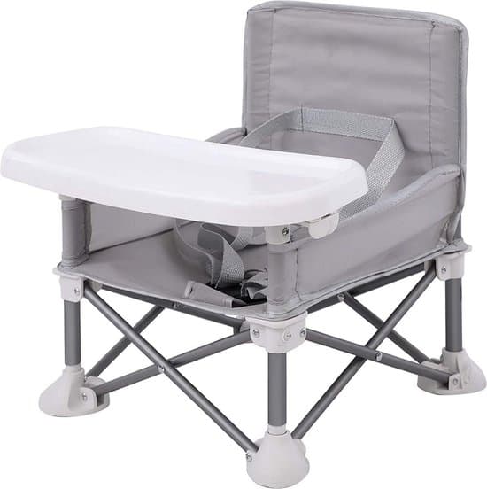Opvouwbare Stoelverhoger Baby Grijs – Inklapbaar Kinderzitje voor Eetkamerstoel & Onderweg – Travel Booster Seat met Afneembaar Dienblad & Draagtas – 6 Maanden tot 3 Jaar