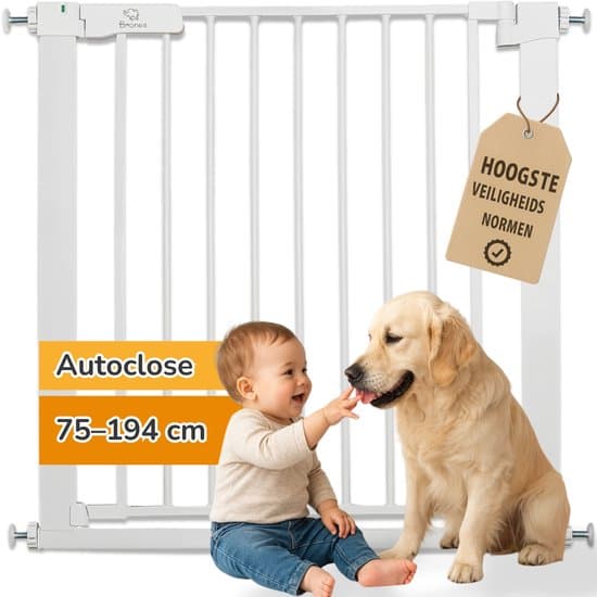 BRONEA® LUCA Traphekje zonder boren - 103-110 cm - Deurhek Veiligheidshek Kinderhek Hondenhek met klembevestiging | Verlengbaar 75-194 cm | Auto-Close, 90° stop, aan beide zijden te openen | Kinderbeveiliging voor trap & deur