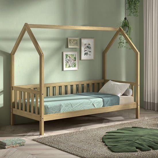 Bedhuisje Home - 90x200 cm - met hekje - massief eikenhout - Vipack - Huisbed - Bruin - Hout Eenpersoons Normaal bed