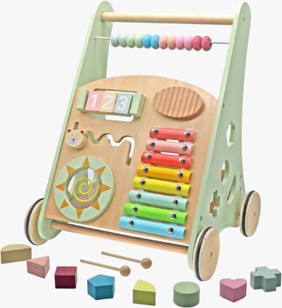 Rijoka Loopwagen Hout voor Baby +/- 1 jaar | Babywalker | Educatieve looptrainer | Anti-Slip wieltjes | 38 x 32 x 46cm – Groen