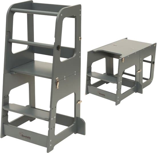 Bouchelle® Leertoren Montessori – Opvouwbare Keukentoren & Opstapje – Kinderkeukenhulp – Grijs Hout