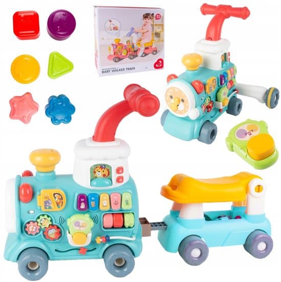 Playos® - Looptrainer Trein - Blauw - met Licht & Geluid - Vormen Sorteren - Dieren - Kleuren - Vormenstoof - Leren Lopen - Baby Speelgoed - Kraamcadeau