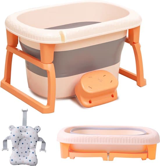 OFMOTRA Babybadje Opvouwbaar - 4 in 1 - Baby Bad - Zitbad - Met badkruk - baby badkussen - kinderbad - Opvouwbaar bad - Oranje